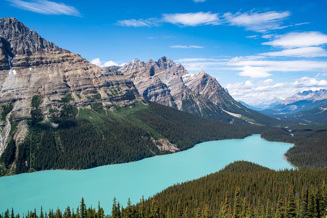 Turquoise alpine lake surrounded by mountains and forest